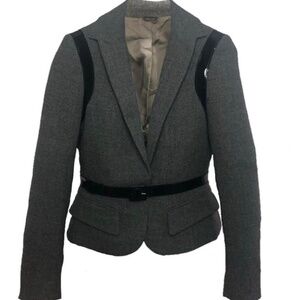 Alexander McQueen Black Patent Leather and Grey Wool Belted Blazer